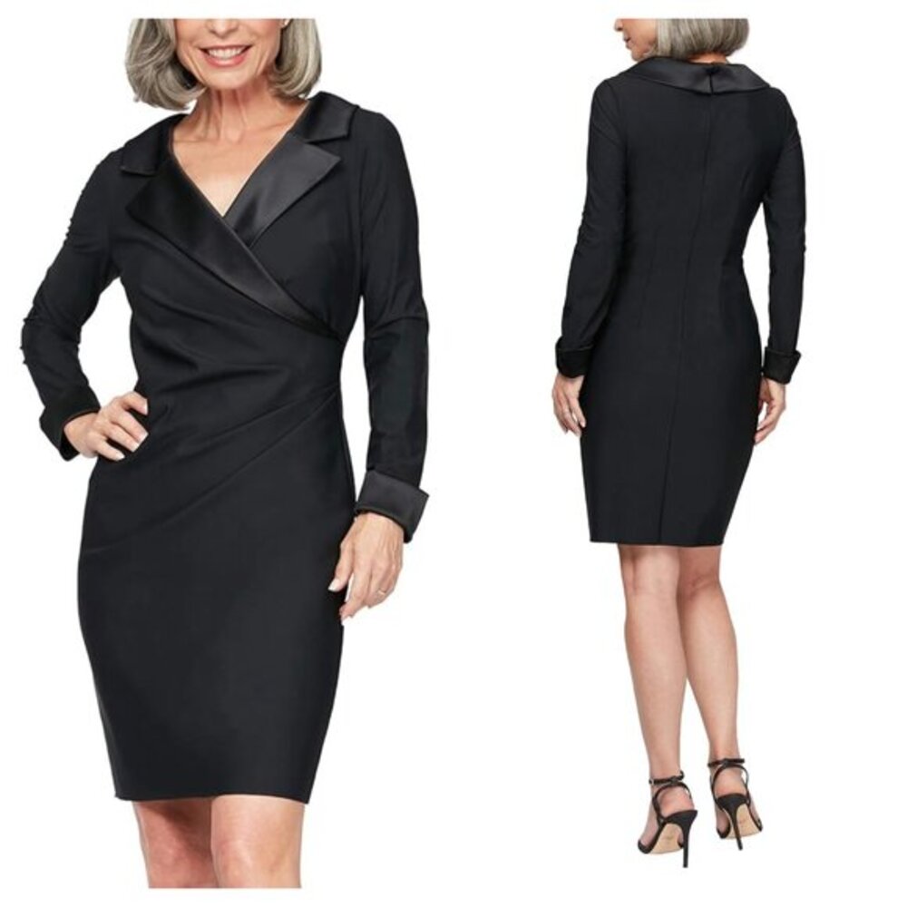 Alex Evenings Tuxedo-Inspired Surplice Ruched Satin Lapel LS Dress 12 Black